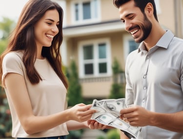 A suburban house with a brick facade and double garage doors. The roof is dark, and there are several bare trees and green bushes surrounding the property. A for sale sign is visible on the front lawn.