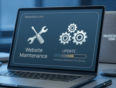 Laptop screen displaying website maintenance and update progress bar with Nilotetech branding.