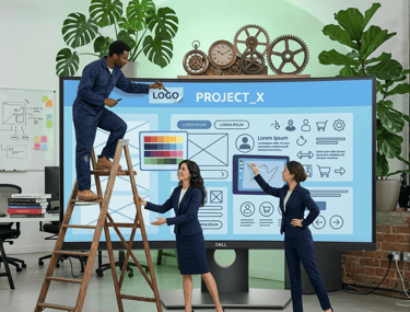 A creative team collaborates on a large touchscreen monitor to design a website wireframe in a modern office.