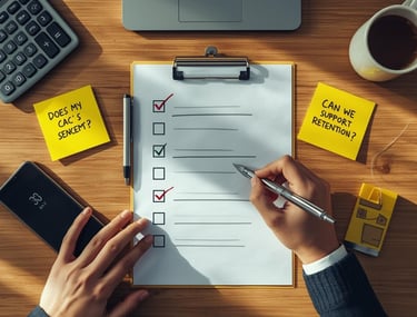 Business model evaluation checklist on desk with planning materials