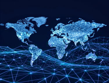 Digital landscape of an abstract network mesh in vibrant blue against a deep navy background, representing global connectivity.