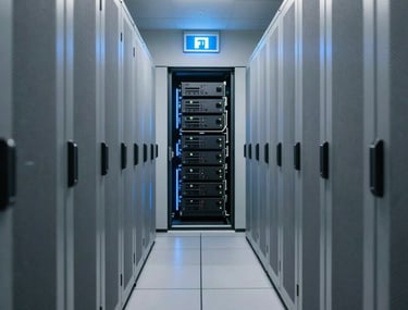 Abstract photography of a server room hallway with perspective lines leading toward a glowing blue exit, representing the path to digital transformation.
