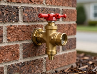Close-up of a brass pressure vacuum breaker valve on the side of a North Carolina brick residential home, neatly installed and surrounded by clean mulch.
