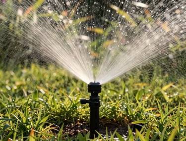 A lawn sprinkler head spraying a gentle mist over a lush green garden bed in Southern Pines, North Carolina, with warm morning sunlight illuminating the droplets.