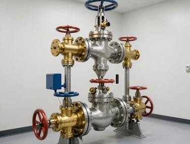 Wide shot of a clean commercial utility room in Pinehurst, North Carolina, showing a large industrial backflow prevention valve system made of steel and brass, perfectly maintained and brightly lit.