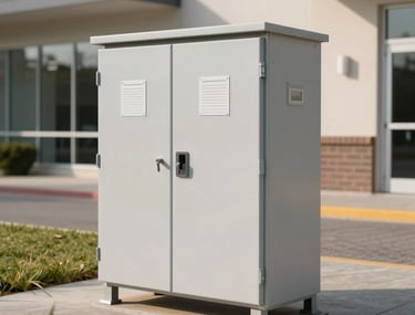 An outdoor commercial backflow preventer enclosure, durable insulated metal hot box on a concrete pad next to an office building, warm daylight, clean modern professional style.