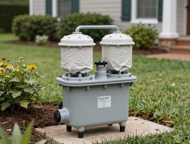 High-quality daytime shot of a neatly landscaped yard in Hope Mills NC, with a residential backflow prevention device properly insulated and protected, blending seamlessly with the surrounding garden.