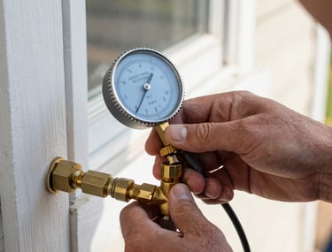 Close-up photograph of a professional technician's hands using digital gauge meters to perform certified backflow testing on a brass utility connection outside a home in North Carolina. Morning sunlight, sharp focus.