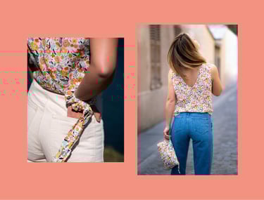 a woman in a floral top and jeans jeans
