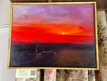 Oil painting of a vibrant sunset over a dark landscape with a lone tree and golden frame.
