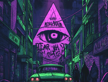 Ciudad Cyberpunk retro colores morado y verde, fondo de pantalla, wallpaper, piramide con ojo
