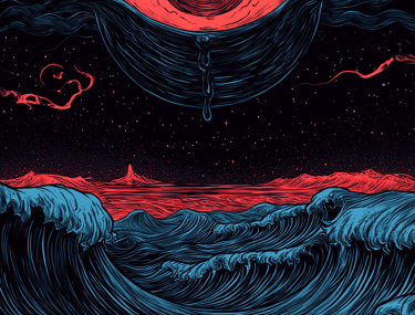 Ojo llorando sobre mar azul , paisaje bizarro, wallpaper rojo y azul, fondo de pantalla