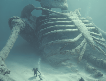 Esqueleto gigante bajo el oceano con buzos alrededor