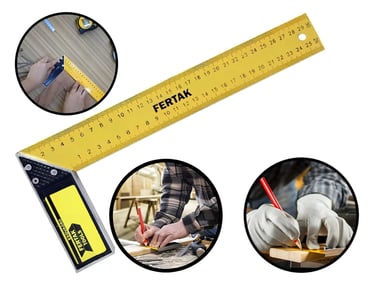 Yellow Fertak steel carpenter square used for measuring and marking wood in carpentry projects.