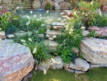 Dreamlike native landscape with natural stone steps & waterfalls – Regenerative Design | Aqua Vitae