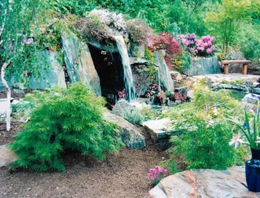 Japanese-style garden with lacy maples, blue flagstone patio & plunge pool grotto –Carmel Valley, CA