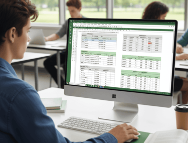 Students working on Excel spreadsheets in a computer lab with desktop systems