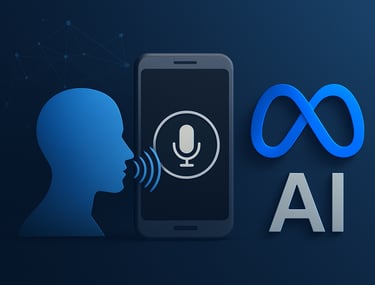 Ilustração digital representando inteligência artificial de voz. À esquerda, uma silhueta humana azu