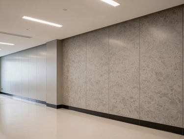 A spacious commercial office area in Gurgaon featuring professional PVC paneling and custom wallpaper. The setting is modern and professional.
