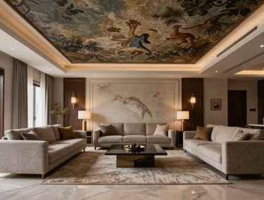 A stunning wide-angle shot of a completed luxury living room in Gurgaon, highlighting the false ceiling, painting, and modular furniture.