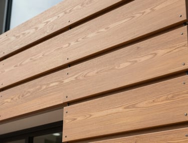A close-up of high-quality HPL cladding on the exterior of a contemporary building in Gurgaon, showing the clean mounting and wood-like texture.