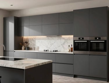 A sleek, contemporary modular kitchen in an Indian luxury home. Minimalist cabinets in dark gray and off-white marble countertops, with high-end appliances.