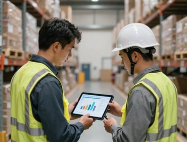Two logistics managers examining a tablet showing supply chain metrics in a large, clean fulfillment center in North America / US.