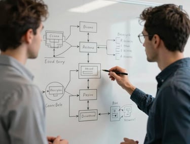 Two technology professionals collaborating in front of a whiteboard covered in software architecture diagrams, North American / US office, modern lighting.