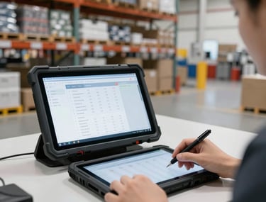A modern warehouse facility utilizing advanced logistics software on rugged tablets, bright lighting, efficient operations in North America / US.