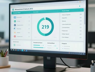 A sophisticated digital health dashboard displayed on a large monitor in a North American / US hospital administration office, soft teal accents.