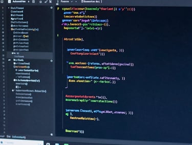 A close-up view of a high-resolution monitor displaying lines of advanced code in a dark navy blue environment, representing cutting-edge software development.