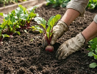 Agricultor com luvas de trabalho plantando beterrabas orgânicas em um canteiro de solo fértil.