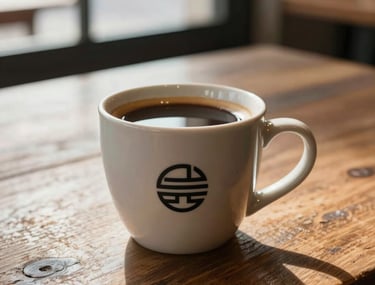A close-up photograph of a ceramic coffee cup with a minimalist logo, sitting on a weathered wooden table in a Durban cafe. Soft morning sunlight filters through a window, highlighting the rich texture of the coffee. Professional, high-quality Pexels-style photography.