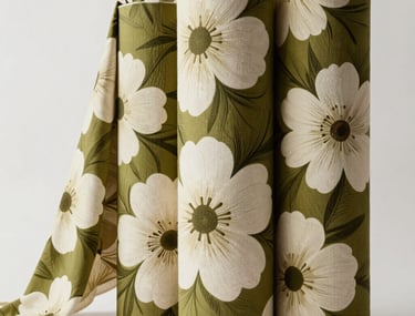Vibrant textile rolls with bold, large-scale floral patterns in olive and cream, stacked in a bright Durban design studio. Minimalistic and inspiring composition.