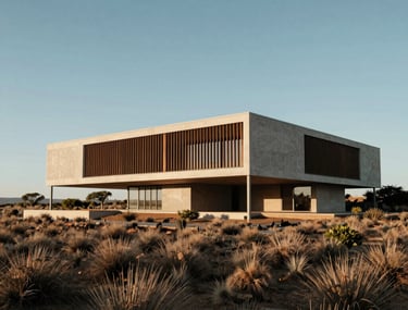 A wide shot of a modern architectural structure in the South African bush, showcasing clean lines and integration with nature. Authentic, professional photography.