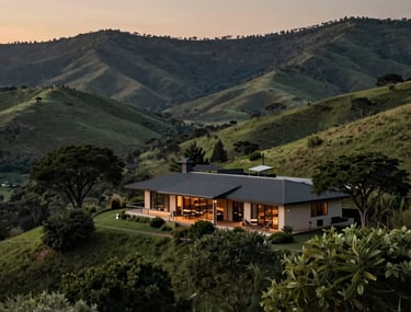 Breathtaking landscape photography of a boutique South African lodge nestled in green hills at dusk. Soft, cinematic lighting, deep olive green foliage, and a sophisticated atmosphere.