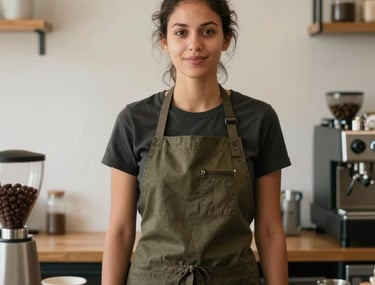 A portrait of a barista in a dark olive green apron working in a modern, minimalistic Durban coffee shop. South African setting, authentic and professional lighting.