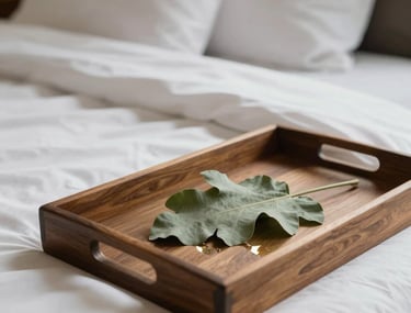 A detail shot of luxury lodge linens and a wooden tray with a sage green leaf, reflecting a minimalistic and clean South African interior design style.