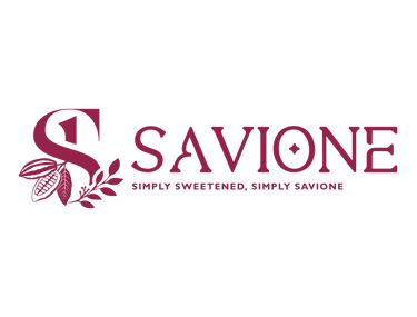 Savione logo with maroon cocoa bean illustration and company slogan on a black background.