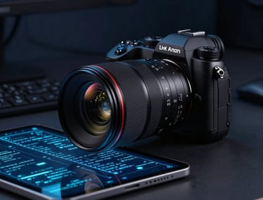 Still life photography of a professional workstation in North America, featuring a modern camera lens and a tablet with glowing digital code, dark navy and muted blue lighting.