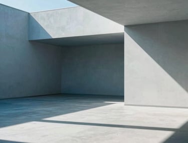 Minimalist photography of an architectural space in North America with harsh sunlight creating geometric shadows, clean lines and professional mood, ice blue accents.