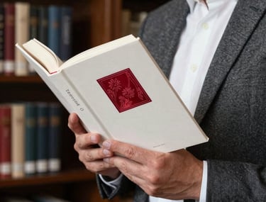 A sophisticated lifestyle photograph of an author in a North American / US library, dressed in charcoal gray and white, holding a bone white book with garnet red foil details. The background shows blurred dark bookshelves.