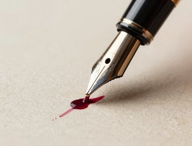 A close-up photograph of a fountain pen nib elegantly gliding across textured parchment paper, leaving behind dark garnet red ink in a North American / US study.