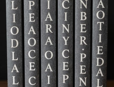 An artistic photograph of charcoal gray book spines against a deep black background, highlighting the elegant bone white typography on the covers.