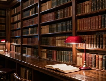 A wide atmospheric shot of a classic North American / US library at night, with dark wood shelves and a single garnet red desk lamp lighting an open book.