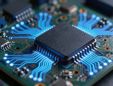 Macro shot of an integrated circuit board with glowing blue pathways, symbolizing innovation and technological depth.