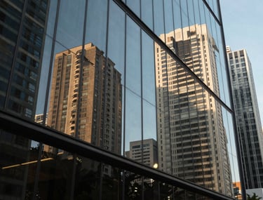 Reflection of Brazilian skyscrapers in a glass office window, professional and innovative atmosphere.