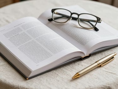 Close-up photography of an open academic journal on a textured cream linen tablecloth. Elegant typography is visible on the pages. Beside it lies a pair of modern reading glasses and a muted gold pen. Soft side lighting in a Southeast Asian indoor setting.