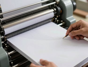 Action shot of an printing press in Jakarta carefully binding a journal cover. The focus is on the precision and quality of the materials used.