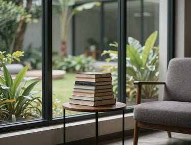 A modern reading room with large windows overlooking a garden in Indonesia. A stack of books sits on a small side table next to a comfortable chair.